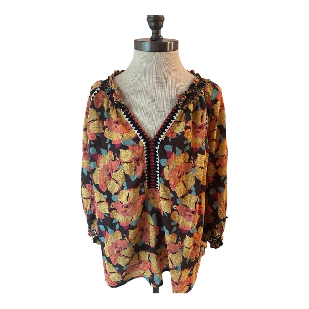 Sundance Brown Floral Yellow and Orange Women's Top